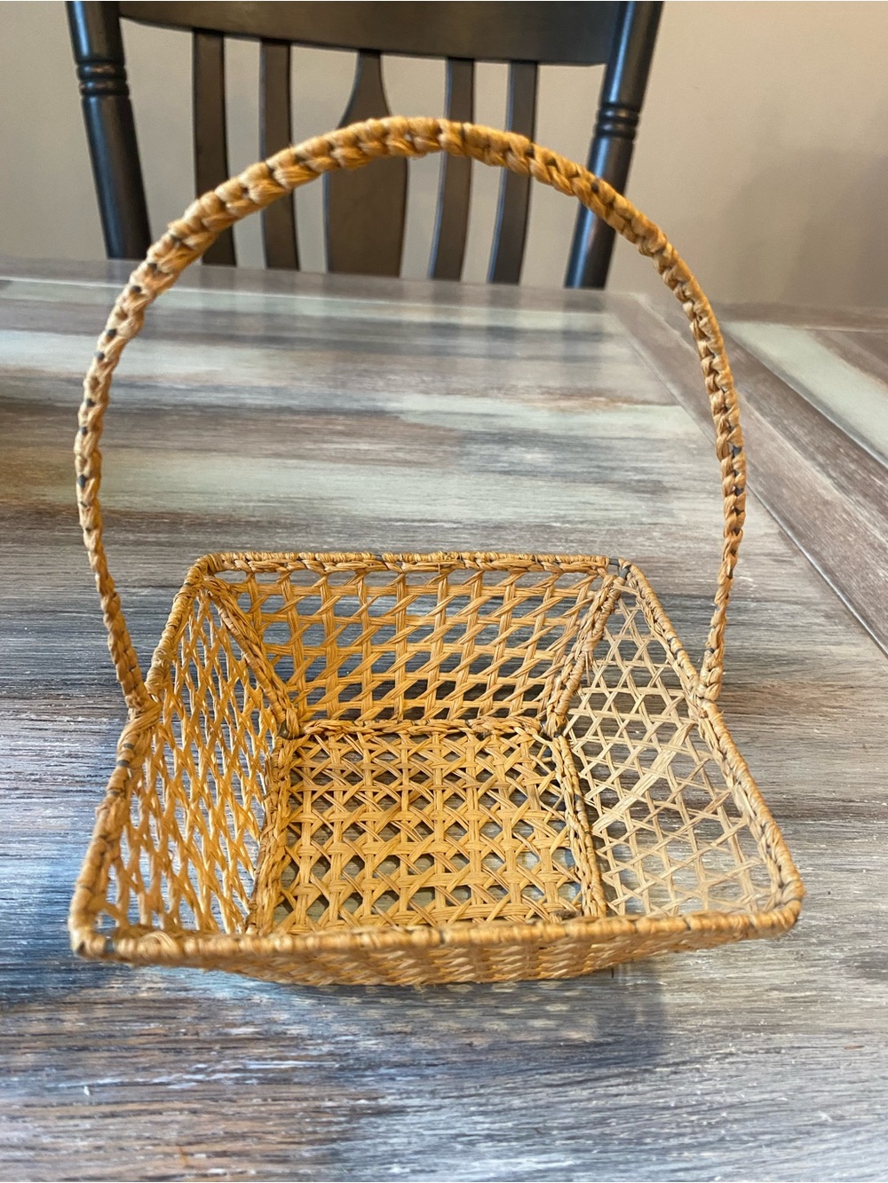 Handcrafted Square Basket Open Hexagonal Weave Handle Vintage Folk Art Primitive